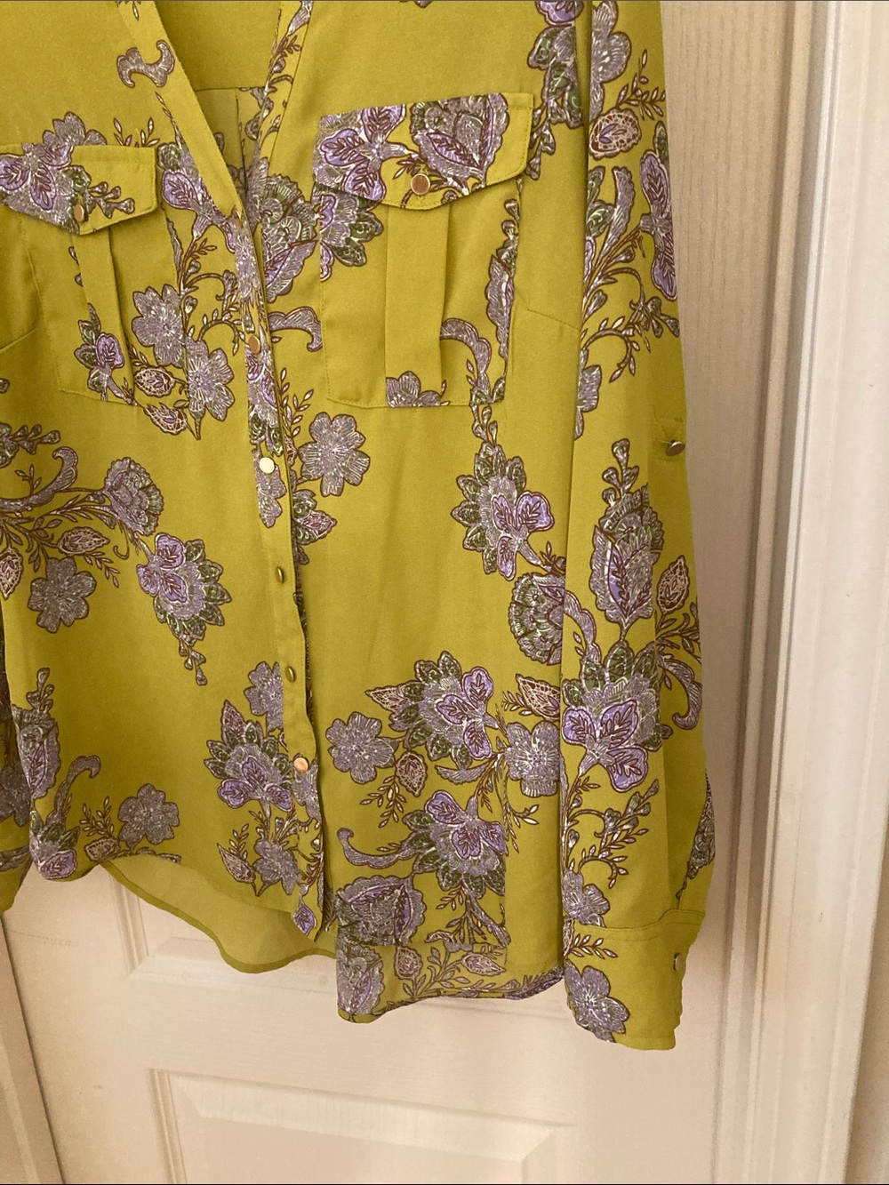 Chartreuse Floral Button-Front Blouse - Picture 6 of 11